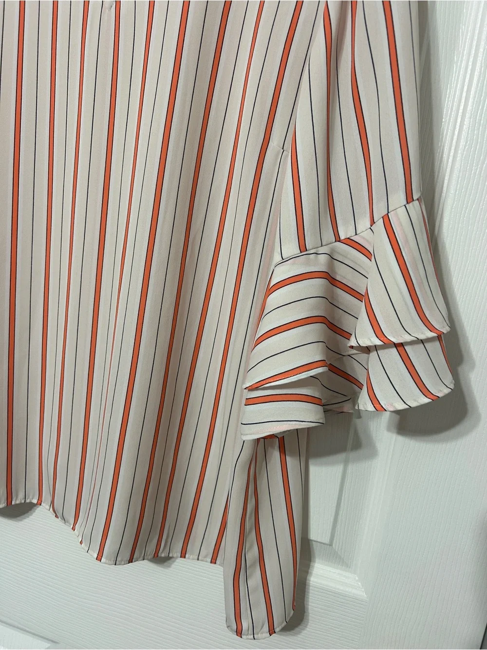Ann Taylor Factory Blouse Top Orange Cream Stripe 3/4 Ruffle Sleeves Women’s XL